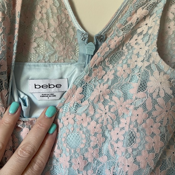 Bebe Pink & Blue lace Overlay fit and flare dress, size 6 - Picture 2 of 7